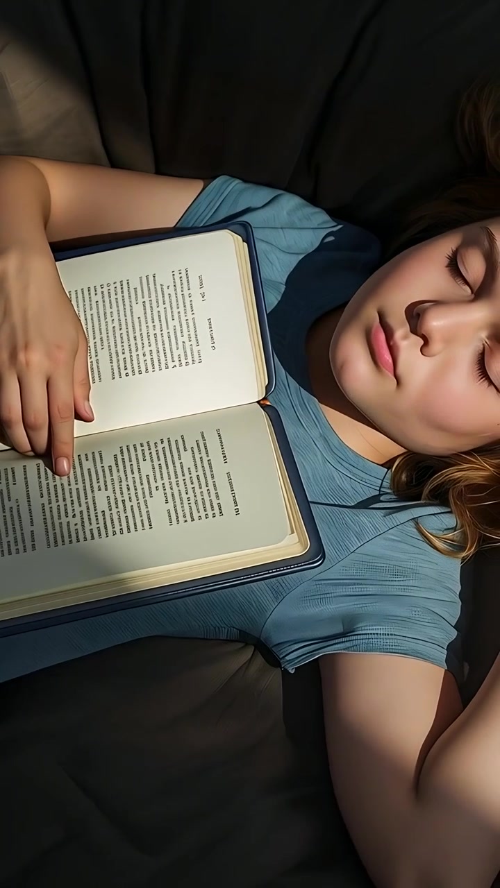 Video verticale: Adolescente sdraiato con maglietta blu che riposa con un dito su un libro sul letto mentre la luce del sole si sposta.