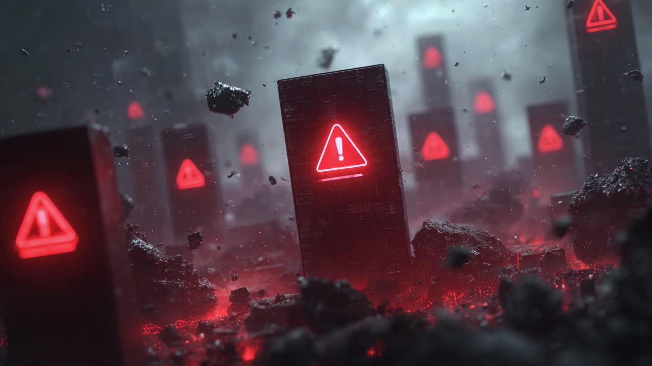 A dystopian landscape featuring ominous red warning signals emanating from monolithic structures amidst a smoky atmosphere, hinting at a crucial danger lurking ahead