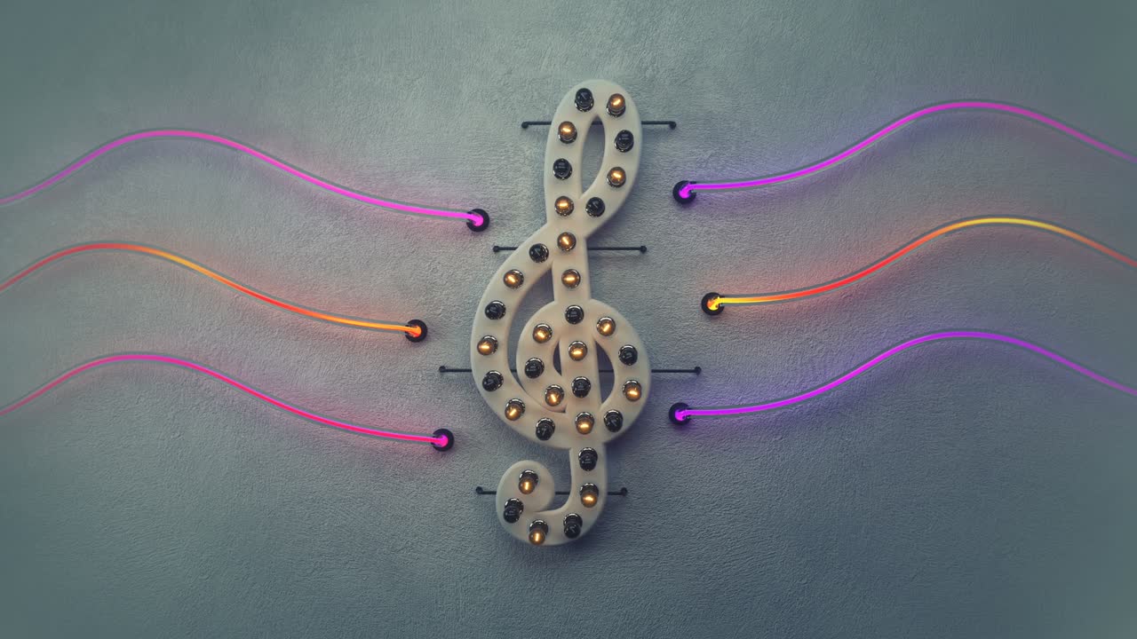 символ ключевой ноты с неоновыми трубками на бетонной стене 3d рендеринг цикличной анимации