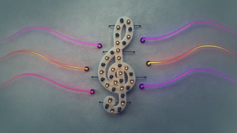 símbolo de nota clave con tubos de neón en la pared de hormigón animación en bucle 3d