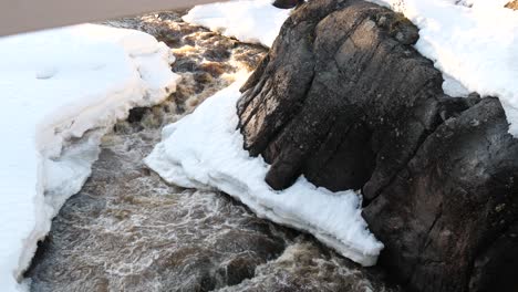 beautiful meandering river water flows around and under snow covered rock outcropping