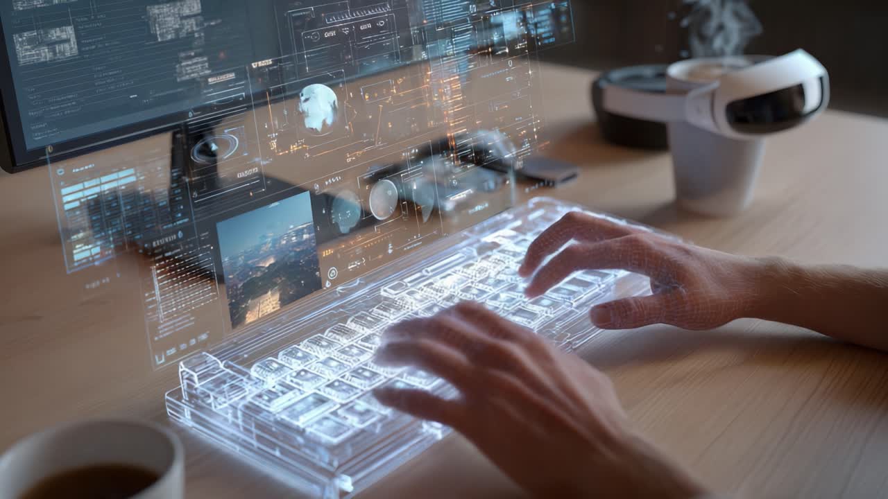 A Futuristic Workspace Featuring a Transparent Keyboard and Advanced Technology: Showcasing a User Engaged with Interactive Displays and Augmented Reality in a Modern Office Environment