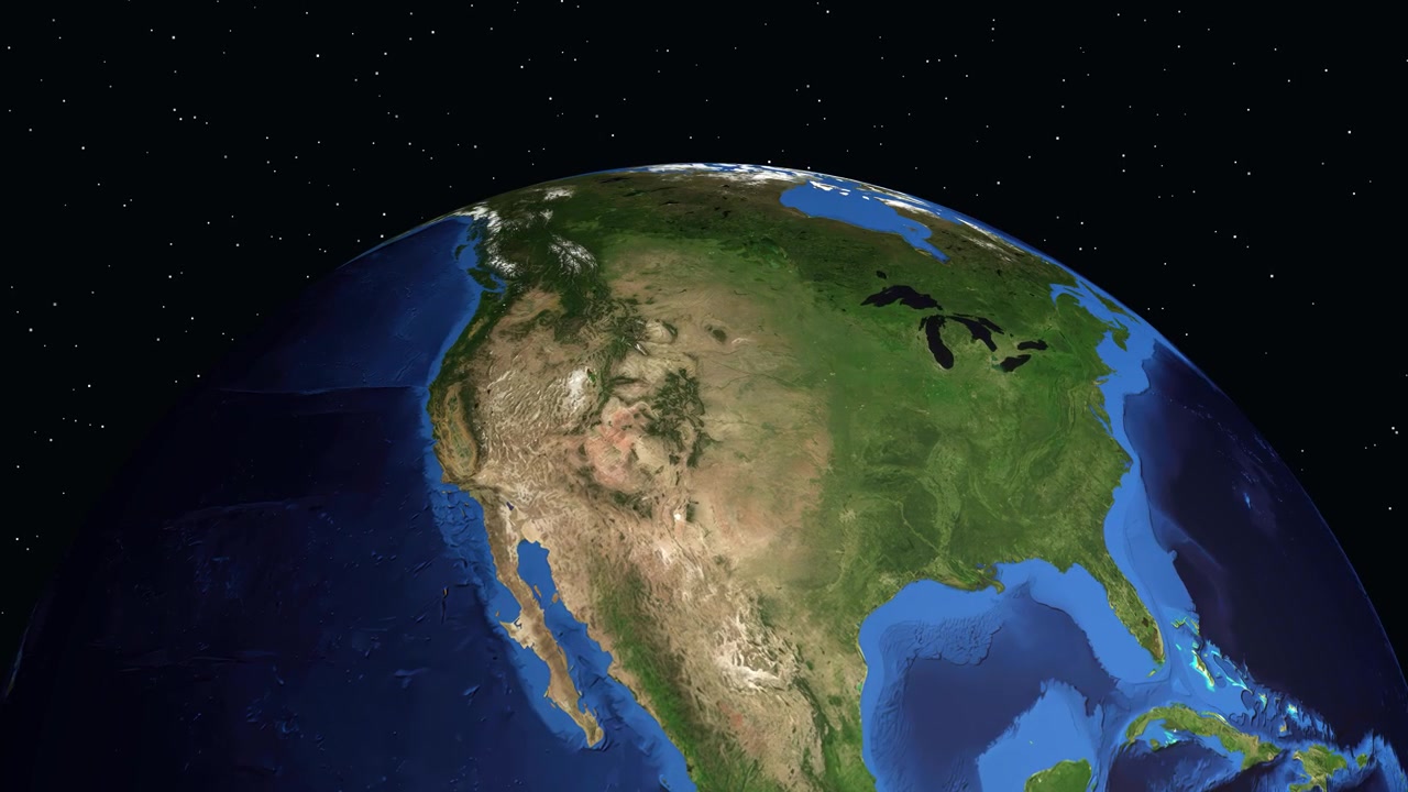 Un mappamondo 3D ruota e si ingrandisce sul Nord America, evidenziando Denver con sovrapposizioni di dati