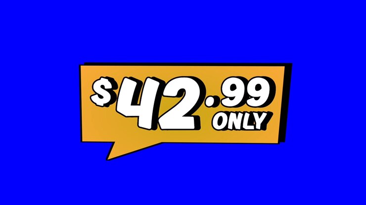 Animation $42.99 only price tag in orange speech bubble motion graphics on Blue screen background. Perfect for ads, e-commerce, retail, discounts, and promo videos business concept video element