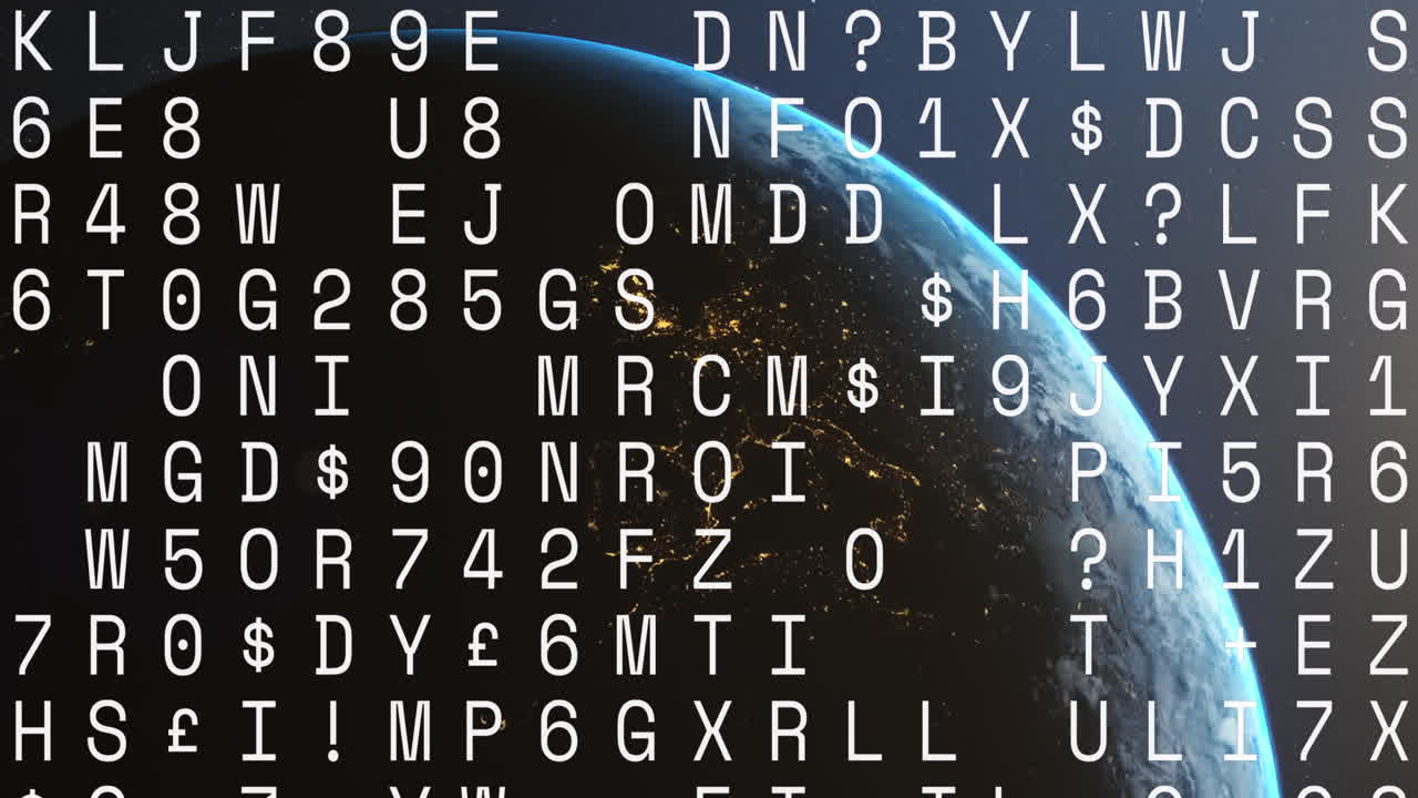Animation of letters and numbers processing over globe