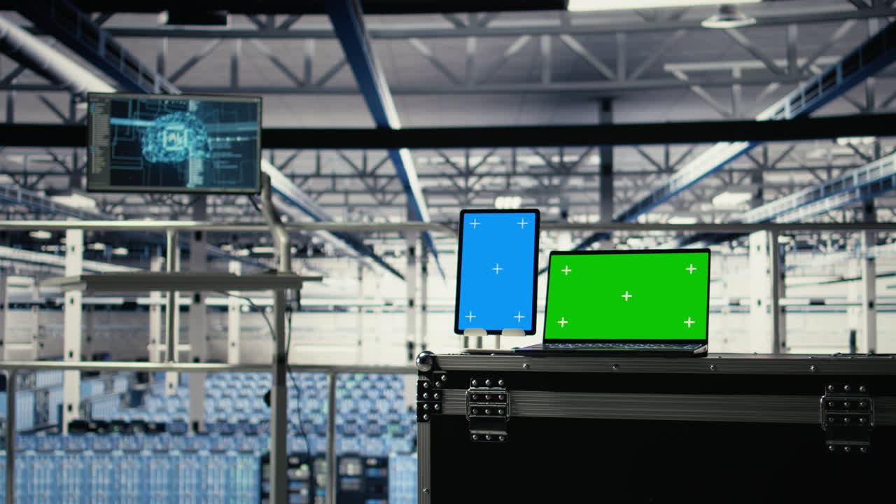 Isolated Screen Tablet And Laptop In Industrial Data Center
