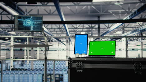 isolated screen tablet and laptop in industrial data center