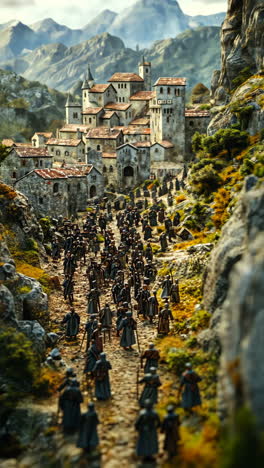 march of miniature soldiers through a detailed mountainous village