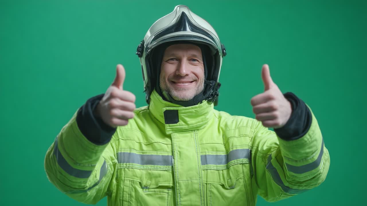 A confident individual dressed in a bright yellow safety suit and helmet gives a thumbs-up in front of a vibrant green background, promoting positivity and safety