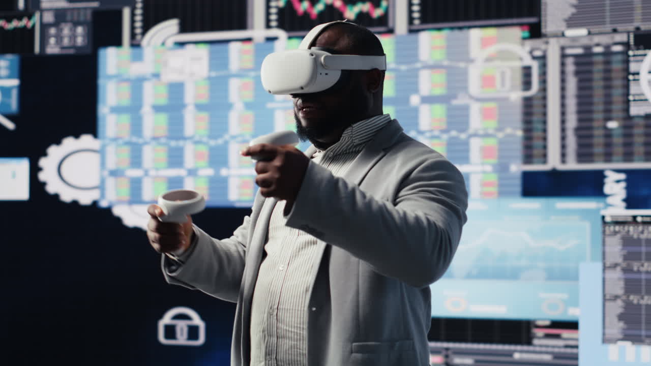 Business leader working with virtual reality headset to obtain funds