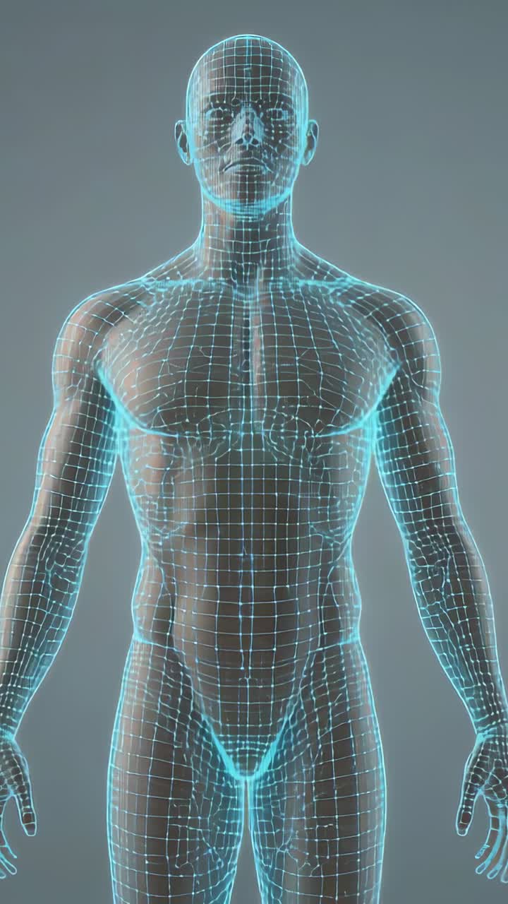 Video verticale: creazione di un busto turchese incandescente, attivazione ologramma, visualizzazione di mesh e dati in studio
