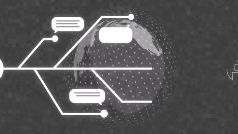 Animation of ai chat and data processing over globe on grey background