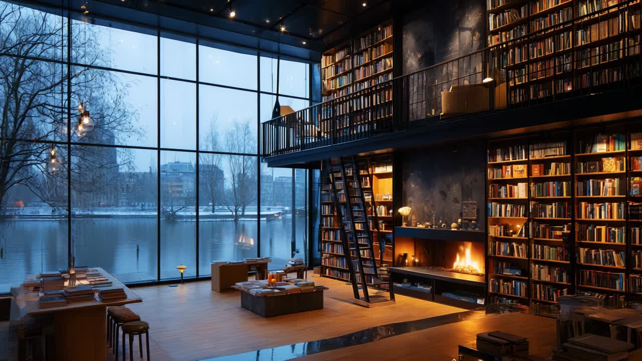 A Cozy, Modern Library by the Water: This Stunning Interior Features Floor-to-Ceiling Bookshelves, Warm Lighting, and a Fire, Creating an Inviting Atmosphere for Book Lovers to Enjoy Reading and Relaxing