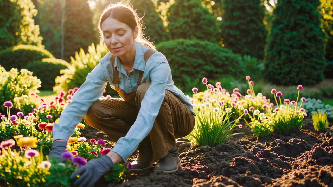 Woman Gardening in a Beautiful Flower Garden