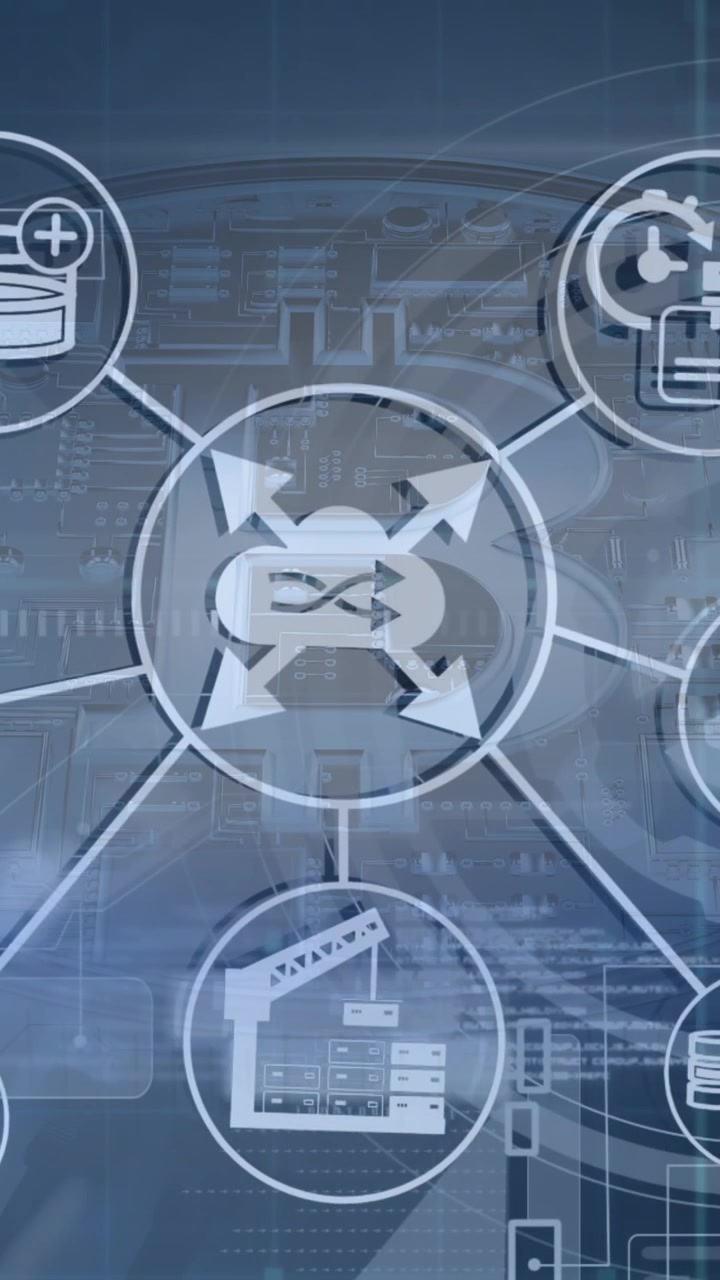 Animation af netværk med ikoner og databehandling med bitcoin-symbol over et bybillede