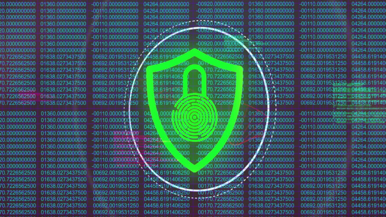 animazione dell'elaborazione dei dati su lucchetto e scudo