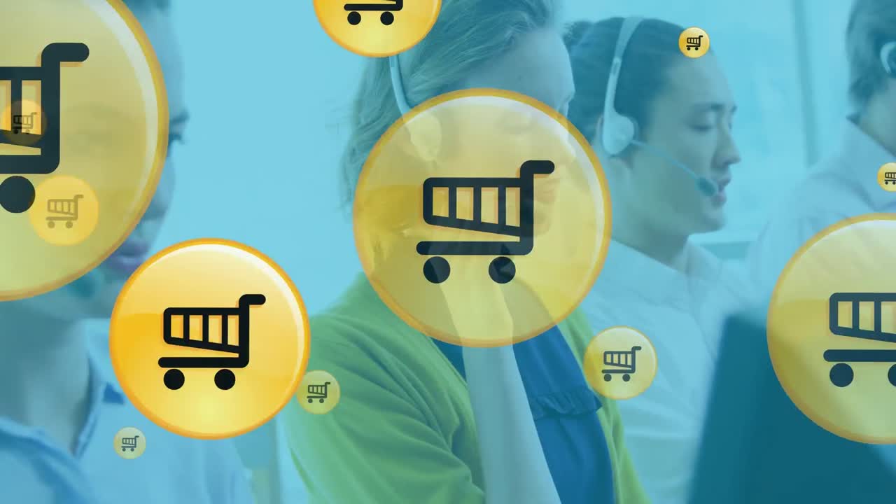 animación de iconos de compras en línea sobre diversas personas de negocios que usan auriculares de teléfono