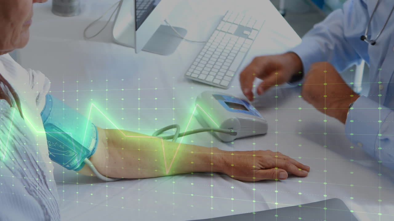 Animation of cardiograph over diverse male doctor and female patient in hospital
