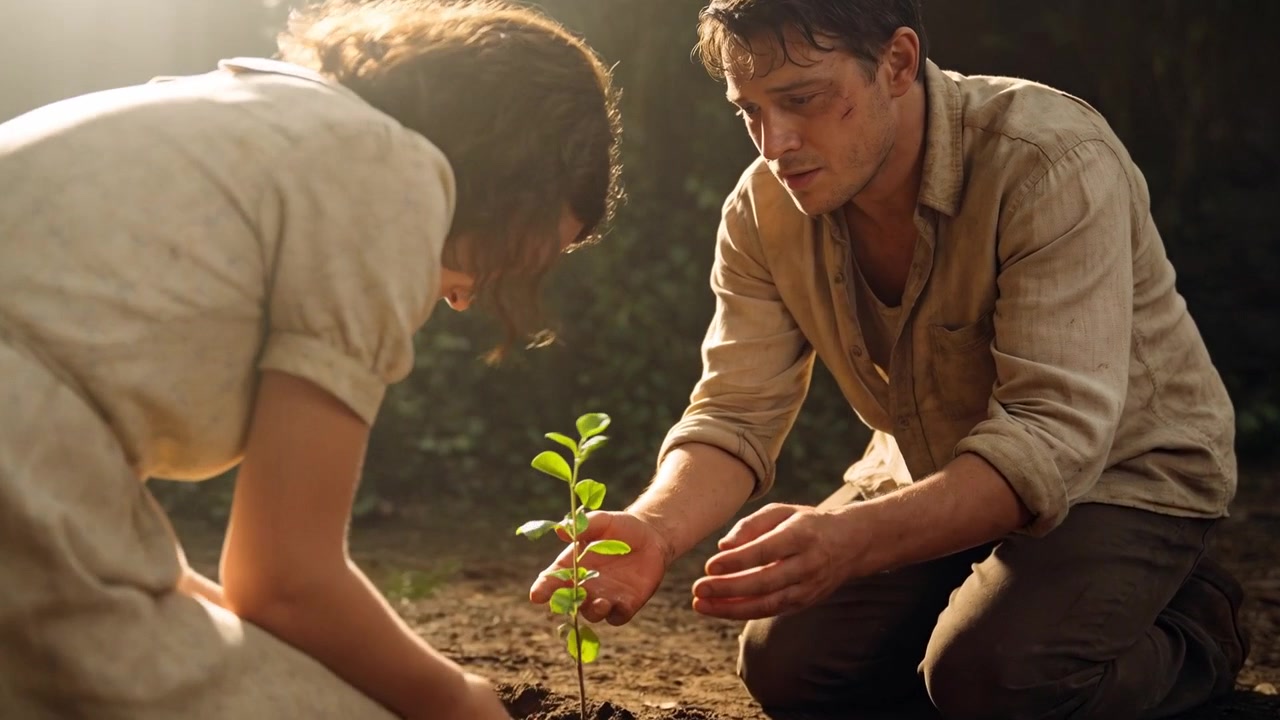 Una pareja, con ropa sucia, planta en un bosque soleado junto a un hoyo recién cavado, presionando la tierra alrededor de un retoño.