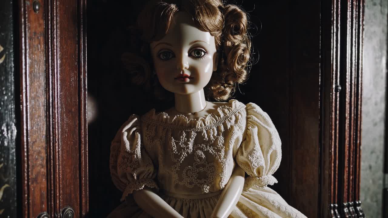Creepy vintage doll in dim lighting, captured at eye level. The eerie atmosphere suggests a horror