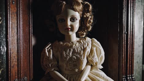 creepy vintage doll in dim lighting, captured at eye level. the eerie atmosphere suggests a horror