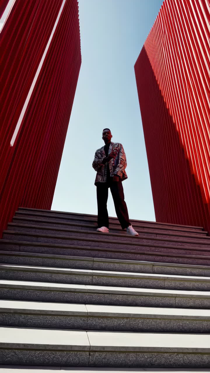 Stylish Man Posing on Stairs with Red Architectural Structures