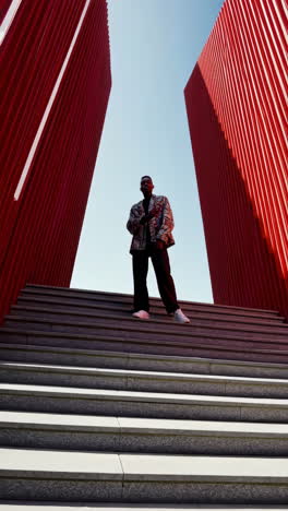 stylish man posing on stairs with red architectural structures