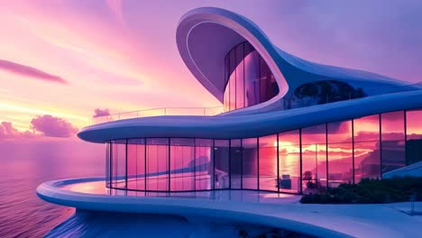 un edificio futurista en un acantilado con vistas al océano al atardecer