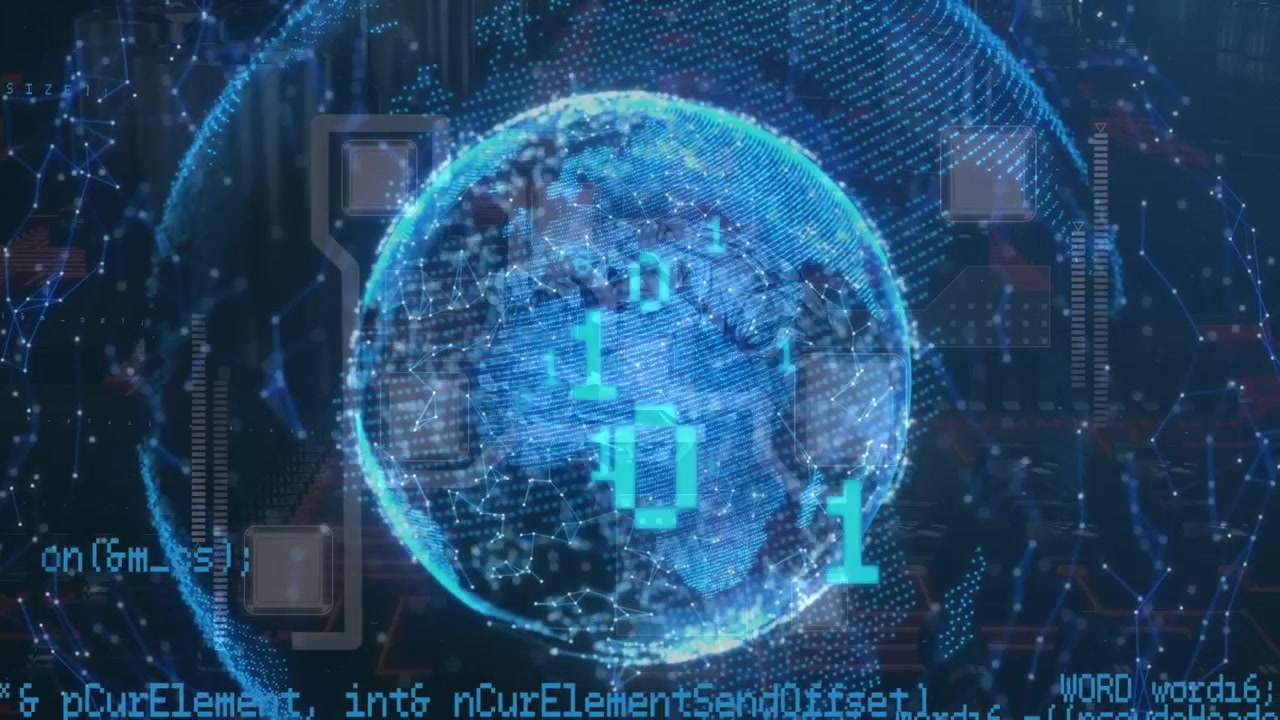 Animation of globe and data processing on black background