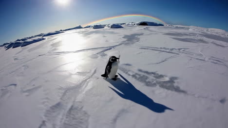 penguin on antarctic ice with rainbow