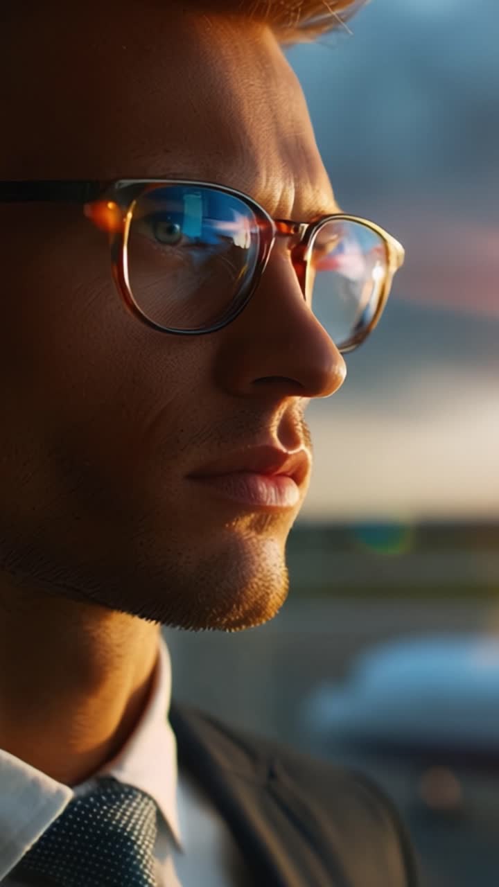 Uomo d'affari introspettivo che guarda l'orizzonte con occhiali eleganti che riflettono il tramonto sullo sfondo, catturando un momento di contemplazione e determinazione