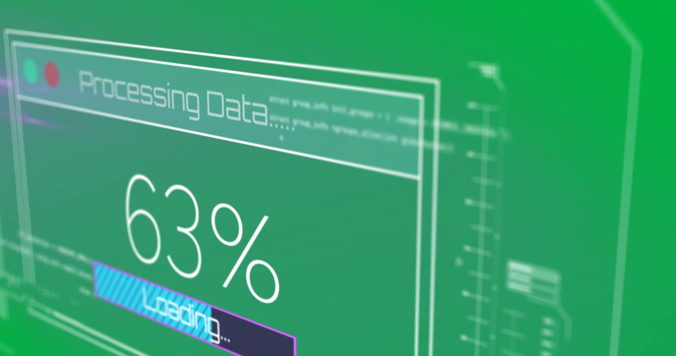 Animation of text processing data and loading, with time bar and percentage on purple interface