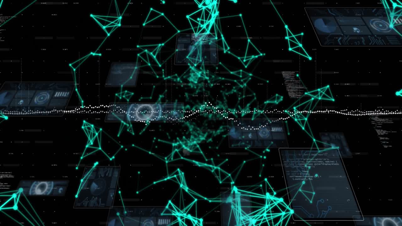 Animation of network of connections and data processing over black background