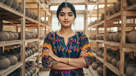 portrait of a young, successful indian woman entrepreneur smiling confidently in her pottery workshop, surrounded by shelves of handmade clay pots