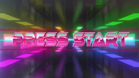 animation of glitch effect over press start text banner against neon tunnel in seamless pattern