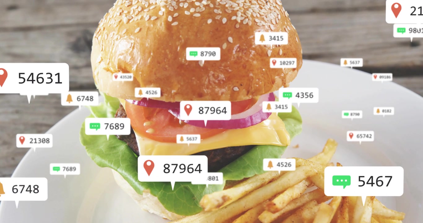 Single overlay label showing near burger, spawning icons gathering and marking toppings then fading