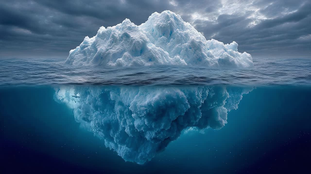 A Majestic Iceberg Captured in Serenity, Reflecting Its Form Beneath the Surface, Surrounded by Dramatic Skies and Tranquil Waters in an Enigmatic Seascape