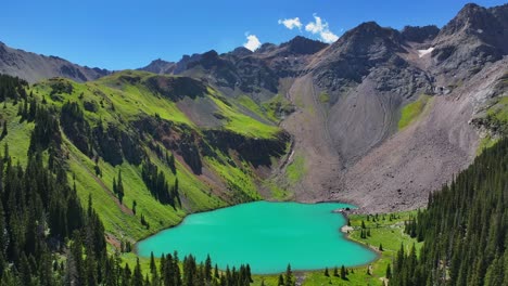 Sunny morning summer hiking trail Lower Blue Lake Mount Sneffels Wilderness Ridgway Telluride Colorado aerial drone San Juan Rocky Mountains Uncompahgre National Forest blue sky forward motion