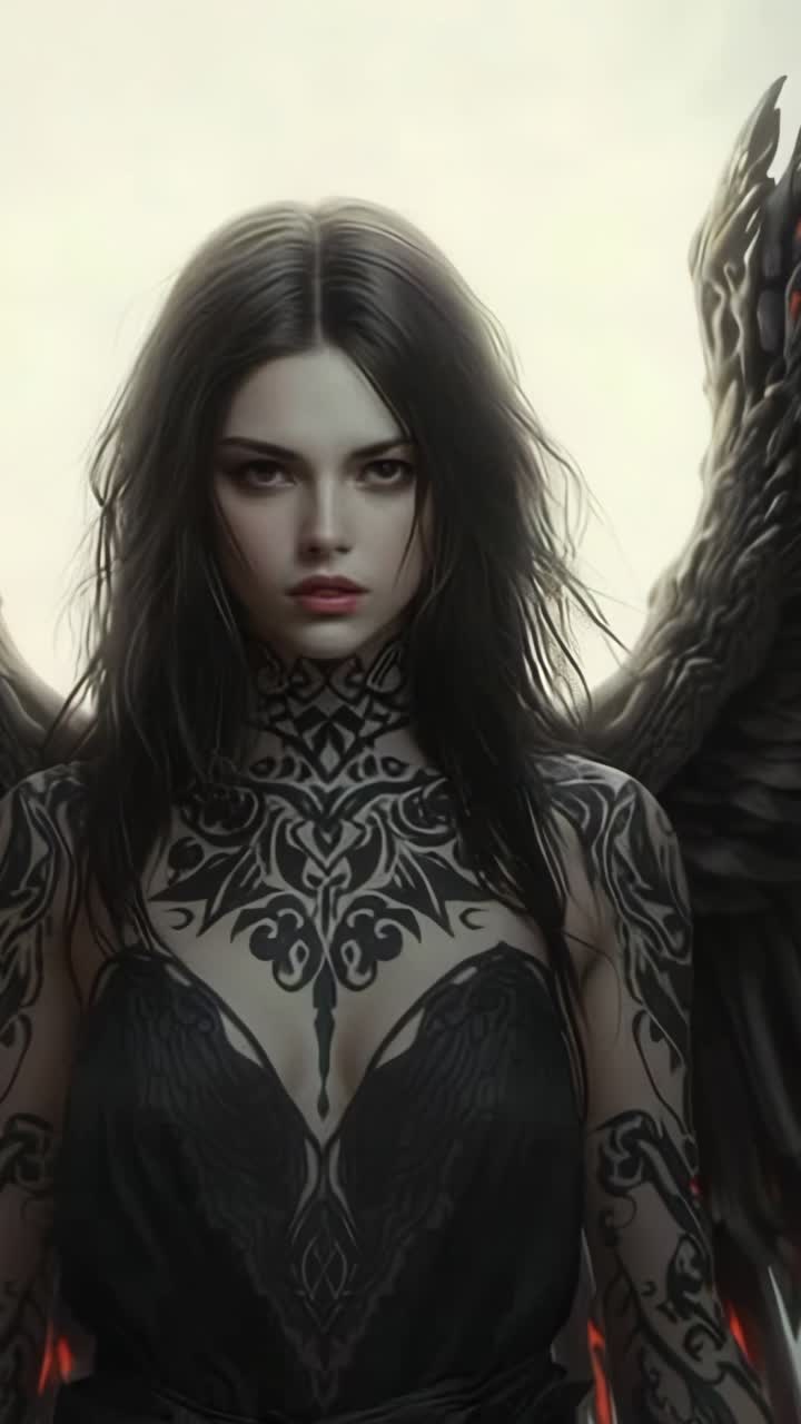 Vertical video: Emerging red glow illuminating winged woman in background, accentuating corset