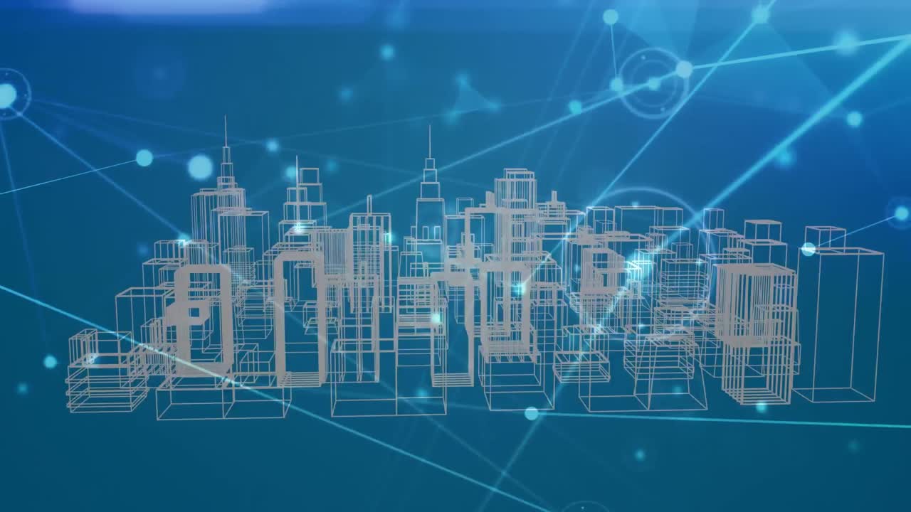 파란색 배경에 도시에 대한 연결 네트워크와 데이터 처리의 애니메이션