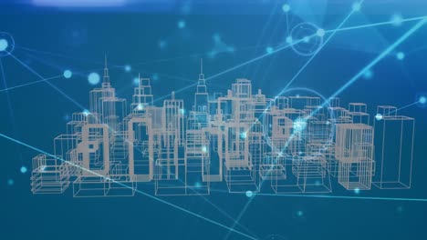 animation of network of connections and data processing over city on blue background