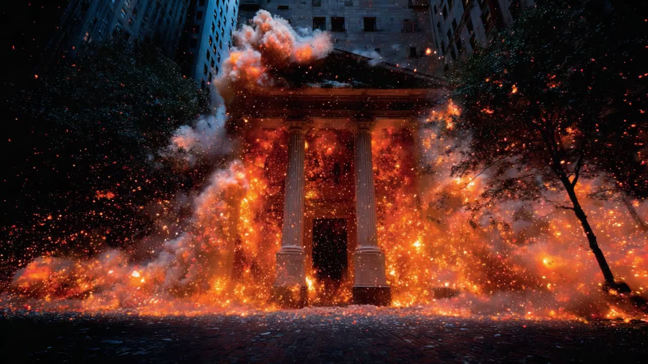 A dramatic scene of destruction unfolds as flames engulf a historic building surrounded by an explosion of fire and smoke, showcasing raw energy and chaos in urban decay