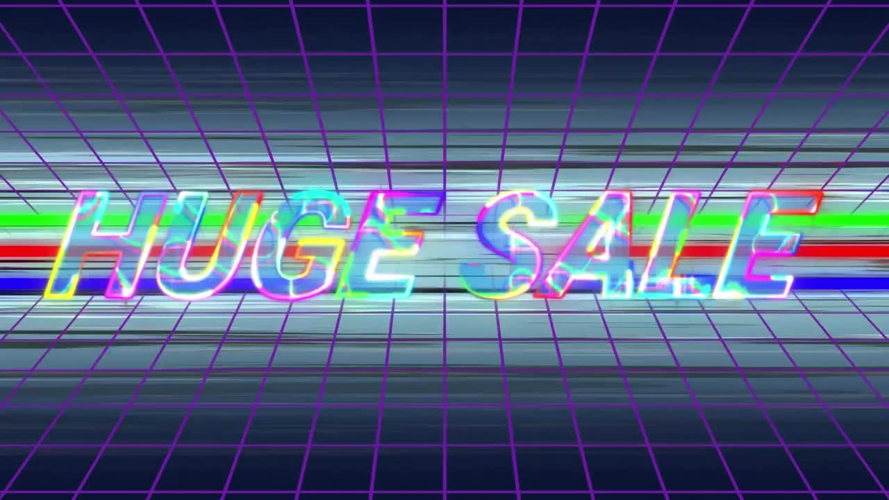 그리드와 빠르게 움직이는 배경에 다채로운 전기 문자로 거대한 판매
