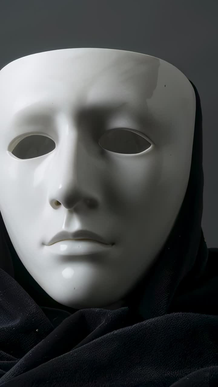 Vertical video: Shifting light revealing glossy mask on gray wall, dark cloth showing sheen