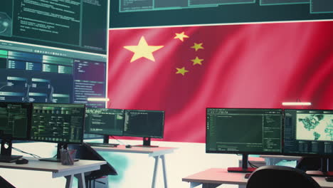 una sala de hacking gubernamental vacía con una bandera china en una gran pantalla.