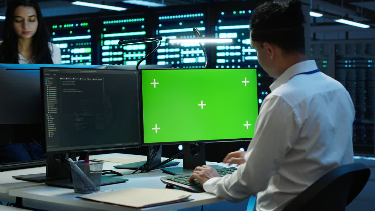 técnico que utiliza una computadora de maqueta en el centro de datos