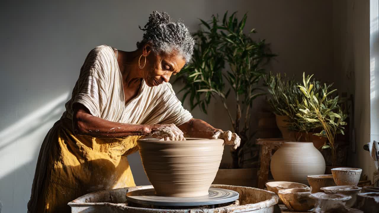 Un abile ceramista crea una bellissima ciotola di ceramica in un sereno spazio di lavoro pieno di verde, concentrandosi artisticamente sull'arte della creazione di ceramiche