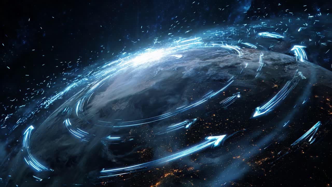 Abstract concept of global business, communication, and digital technology with glowing blue arrows and light trails orbiting a planet in deep space, representing data flow and connectivity