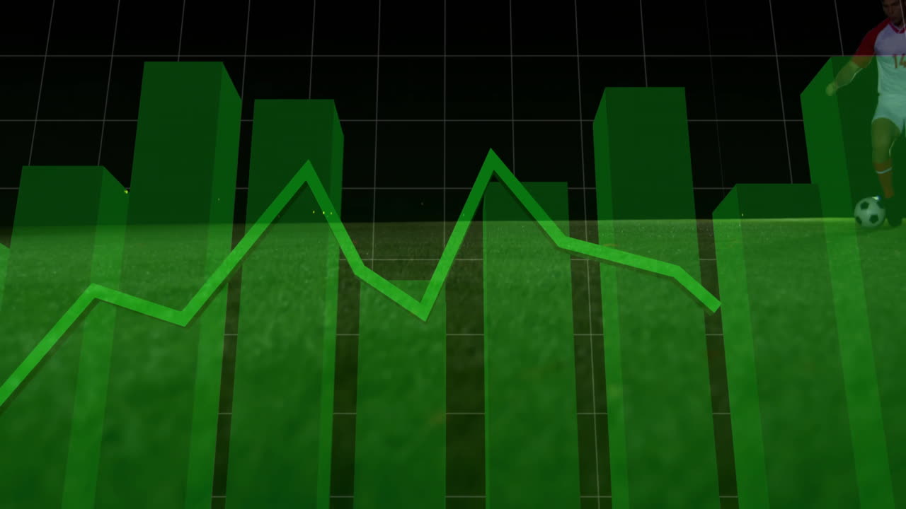 soccer player kicking ball on pitch, overlaying 3D green chart and line graph for sports tech