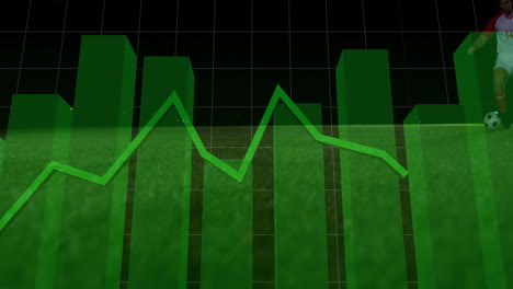 soccer player kicking ball on pitch, overlaying 3d green chart and line graph for sports tech